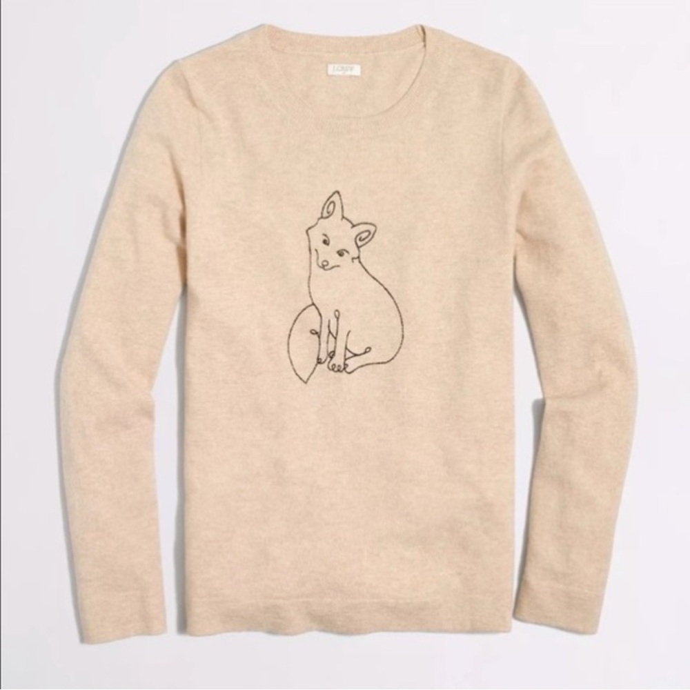 J.Crew Embroidered Fox Teddie Sweater Wool Tan XXS Preppy Quiet Luxury Chic Twee